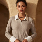 SHEIN Greige Ribbed Knit Pullover with Contrast White Collar
