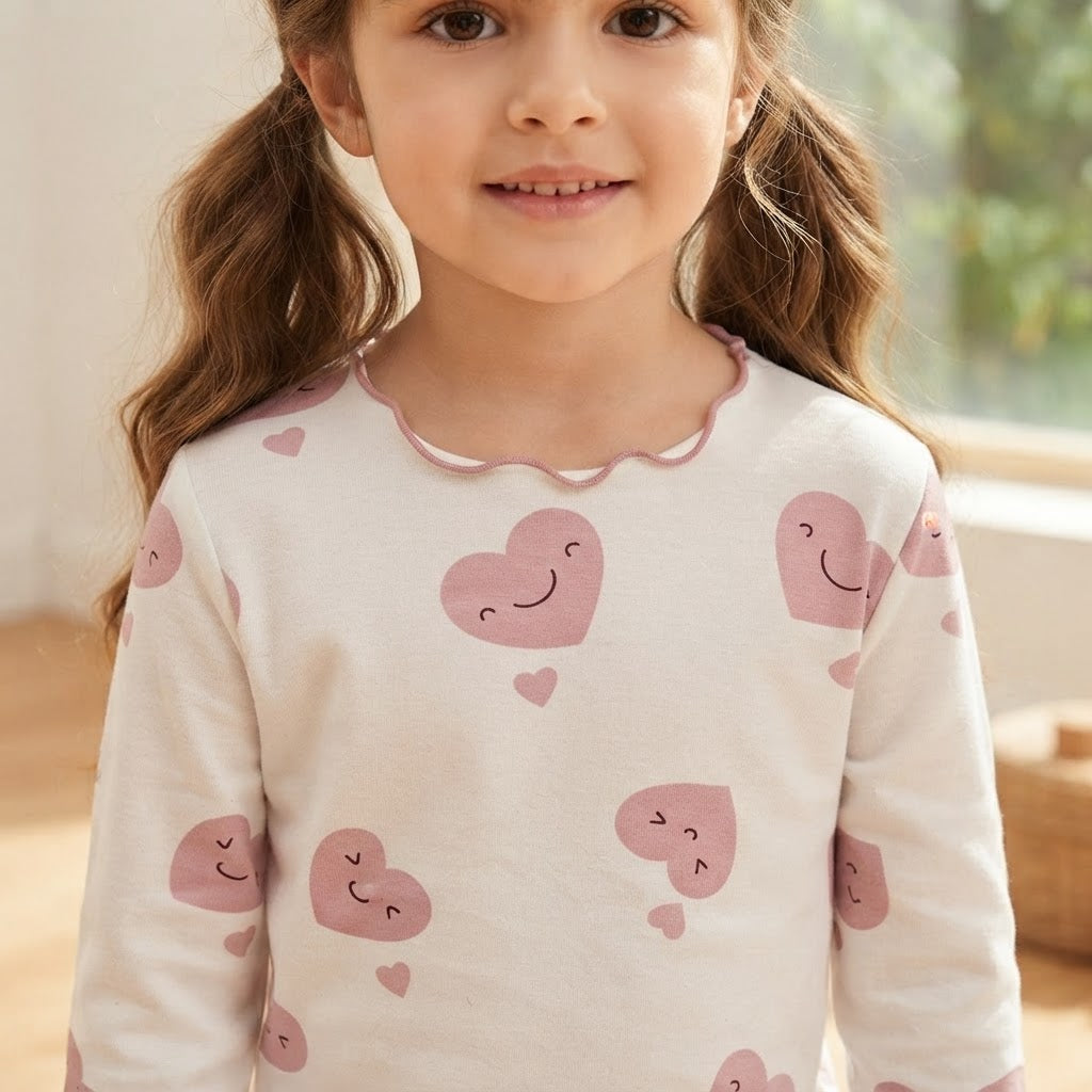 SHEIN White & Pink Heart Print Long-Sleeve Lettuce-Edge Top