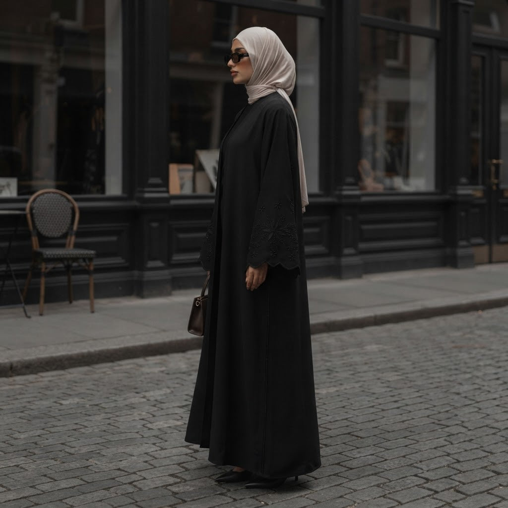 Private Black Embroidered Open-Front Abaya with Scalloped Sl