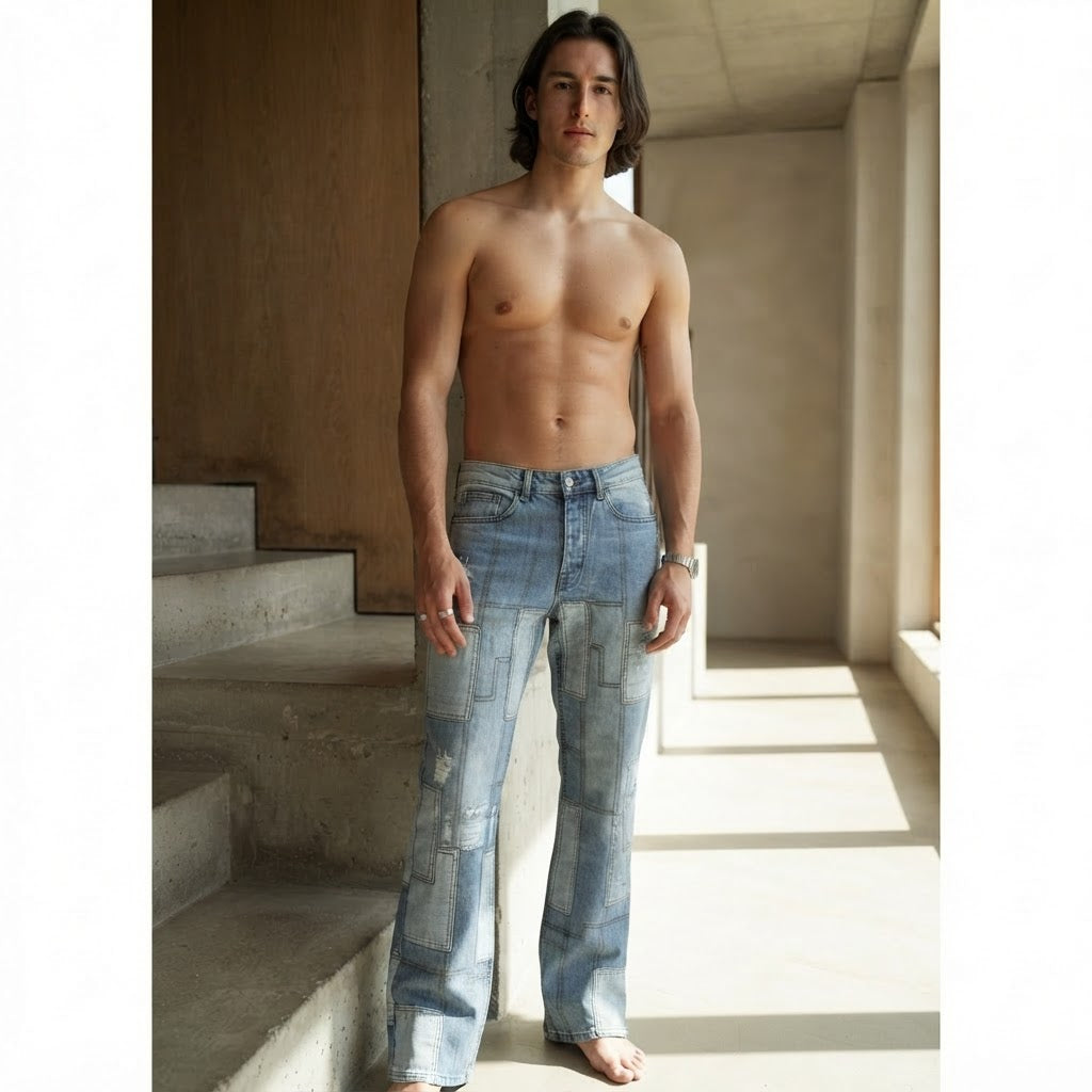 BoohooMAN Light Blue Patchwork Distressed Straight Flare Jea
