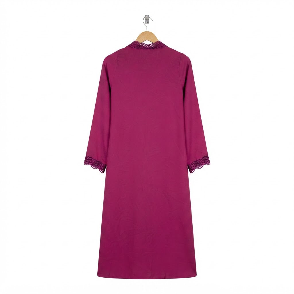 Women's Magenta Open Front Kimono Abaya  with Crochet Trim
