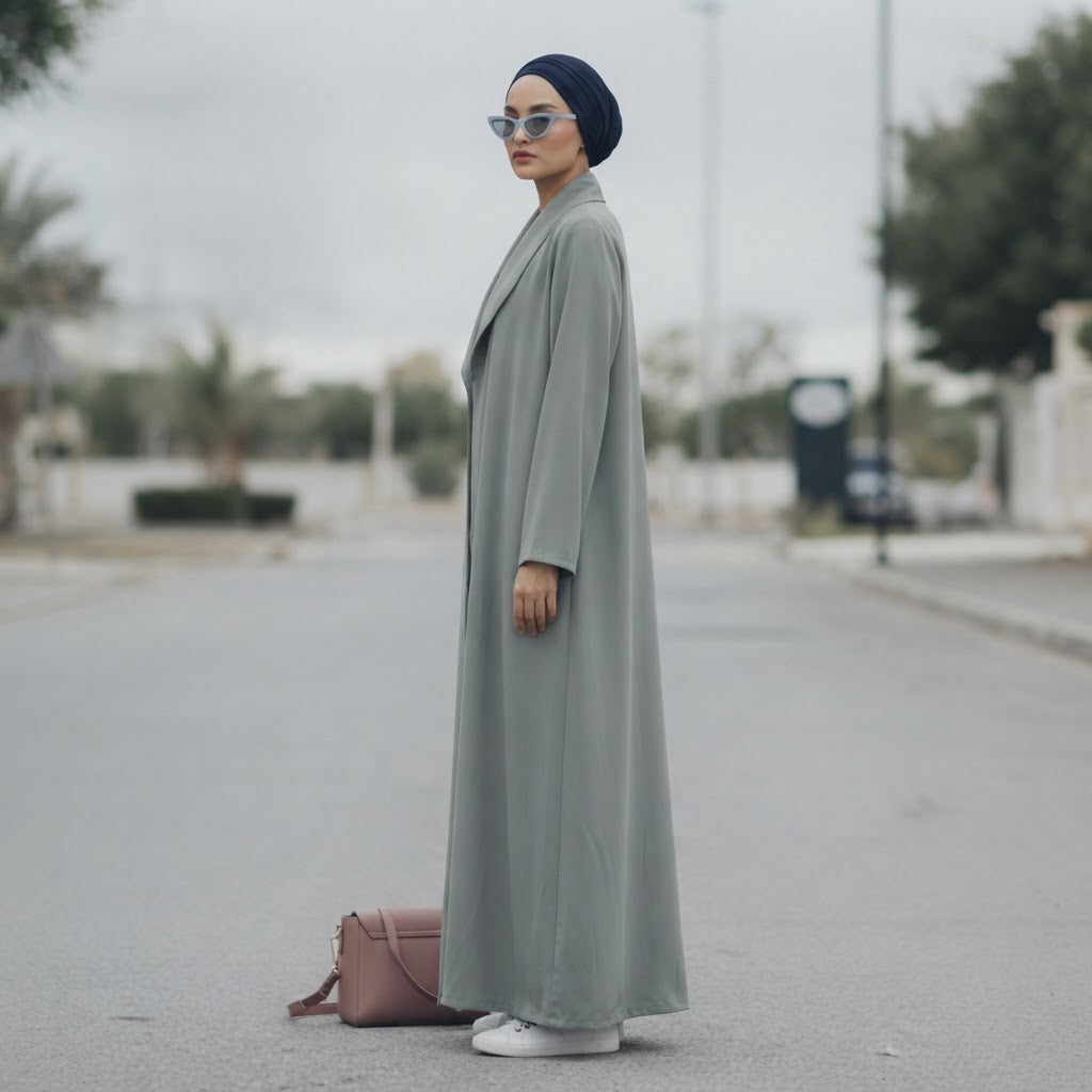 Cool Sage Grey Floor-Length Thobe with Mandarin Collar