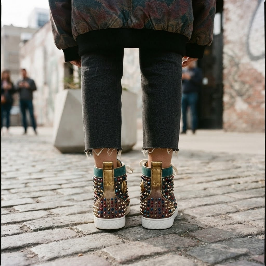 Christian Louboutin Luxury Studded Patchwork High-Top Sneake