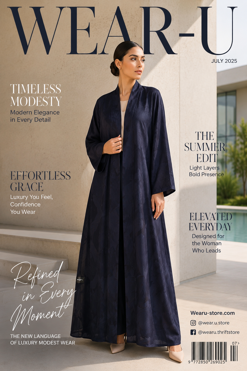Navy Blue Jacquard Satin A-Line Open Front Abaya