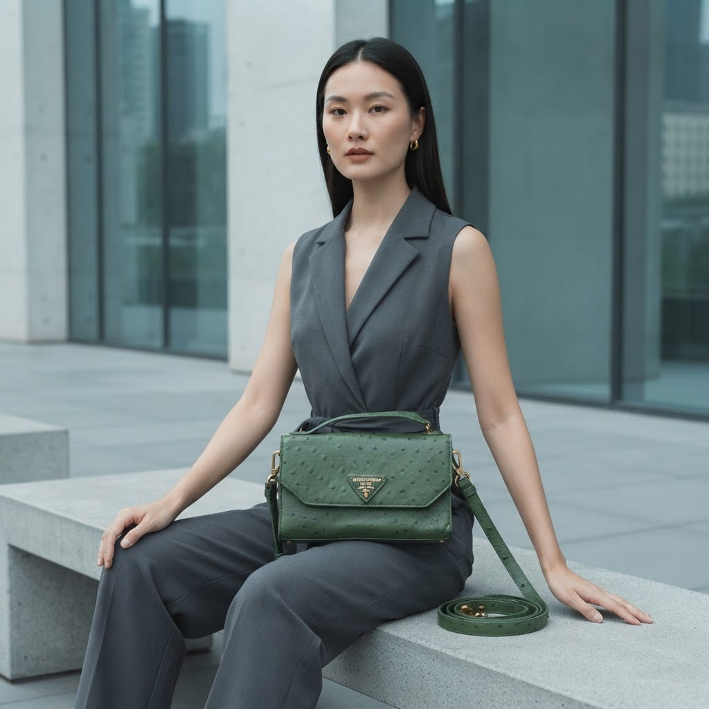 Forest Green Ostrich-Effect Crossbody Bag