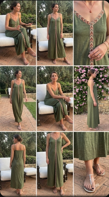 Olive Green Chevron Trim Cami Maxi Dress