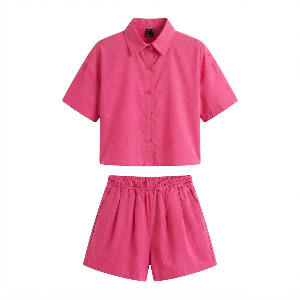 SHEIN Fuchsia Pink Relaxed Short Sleeve Shirt & Shorts Co-or