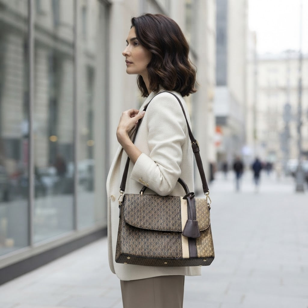 Chrisbella Monogram Top Handle Bag Brown