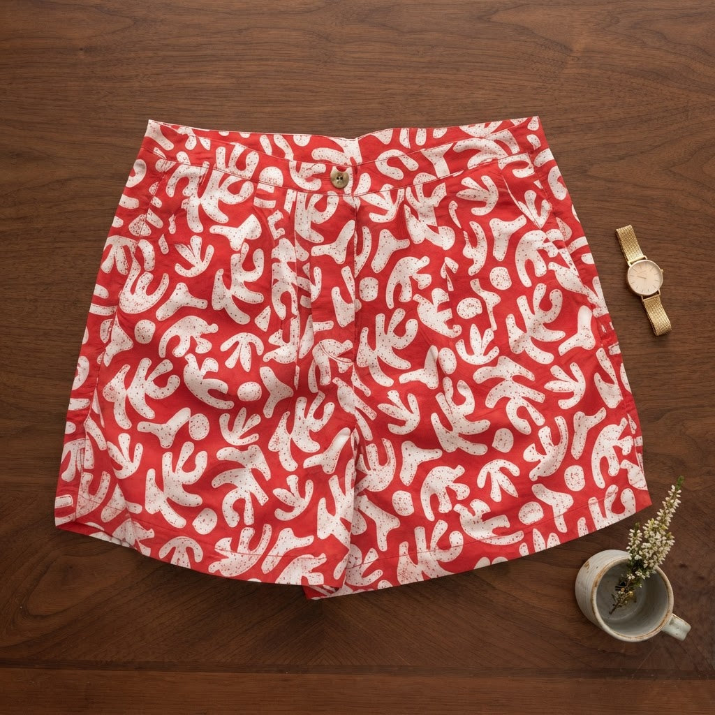Red and White Abstract Print High-Waist Shorts
