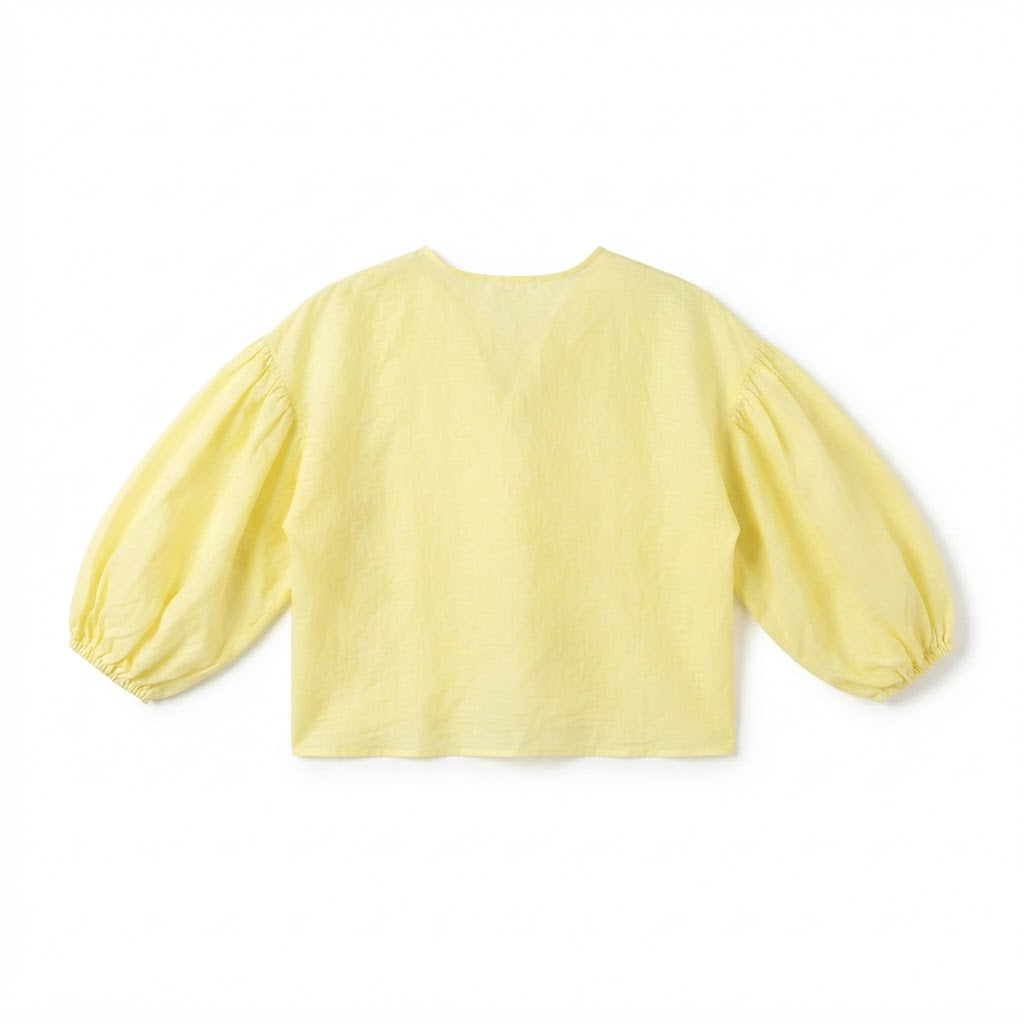 Women's Yellow Linen V-Neck Ruched Blouse