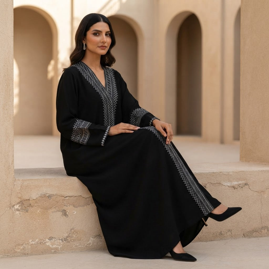 represent Black Traditional Thobe with White Geometric Woven
