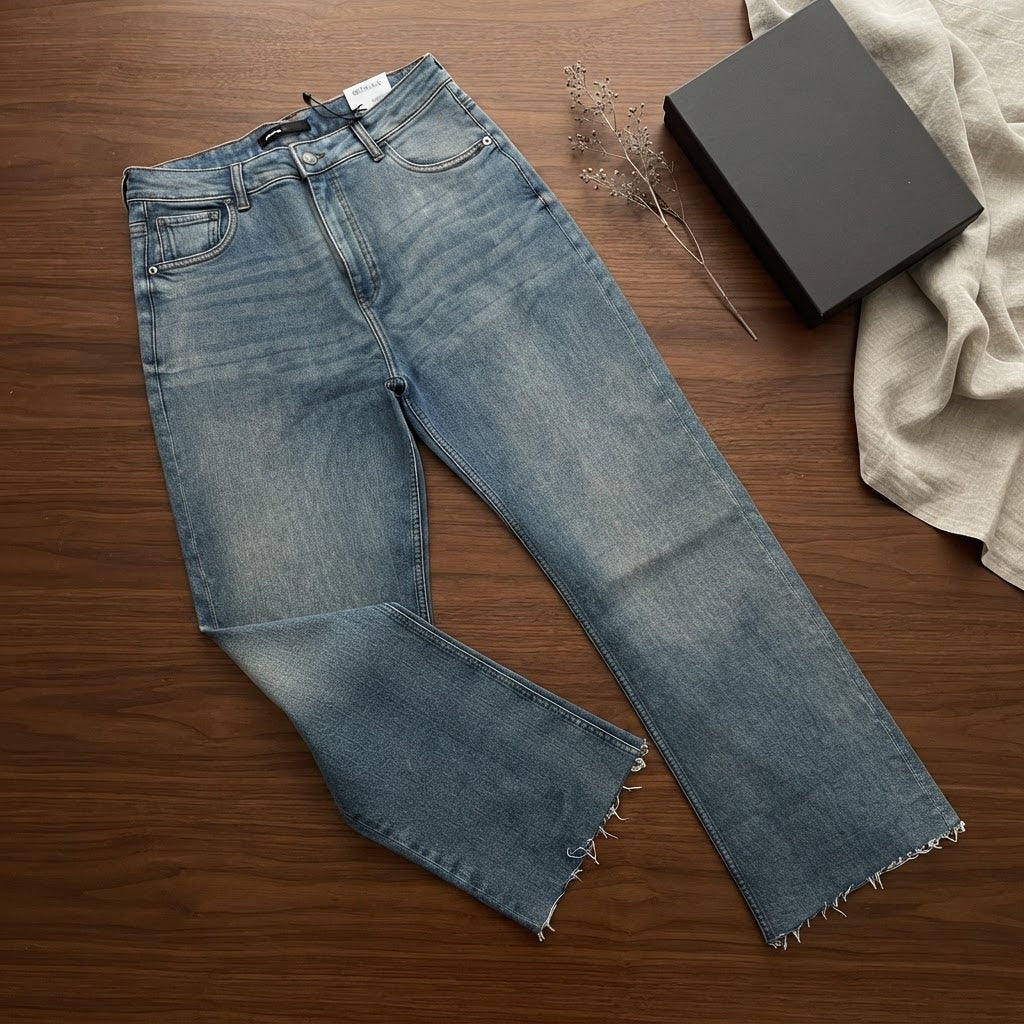 BERSHKA Mid-Blue High-Rise Long Flare Jeans with Raw Hem