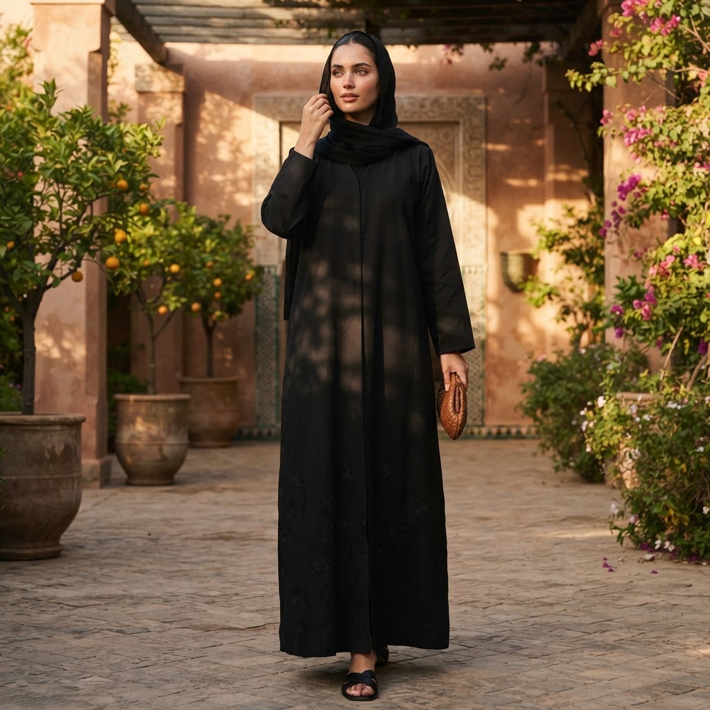 Women's Black Long-Sleeved Embroidered Maxi Abaya Robe