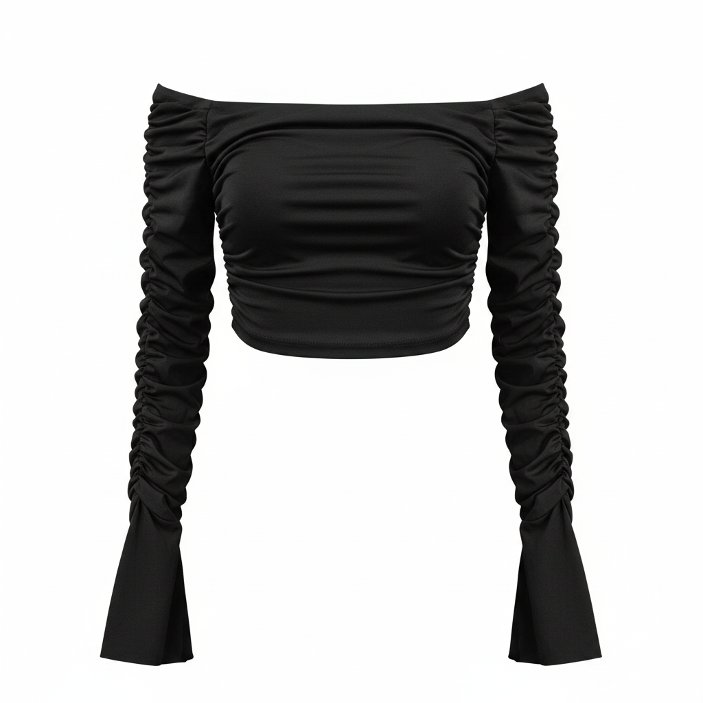 Black Off-The-Shoulder Ruched Long Sleeve Crop Top