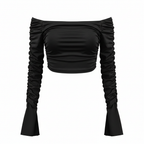 Black Off-The-Shoulder Ruched Long Sleeve Crop Top
