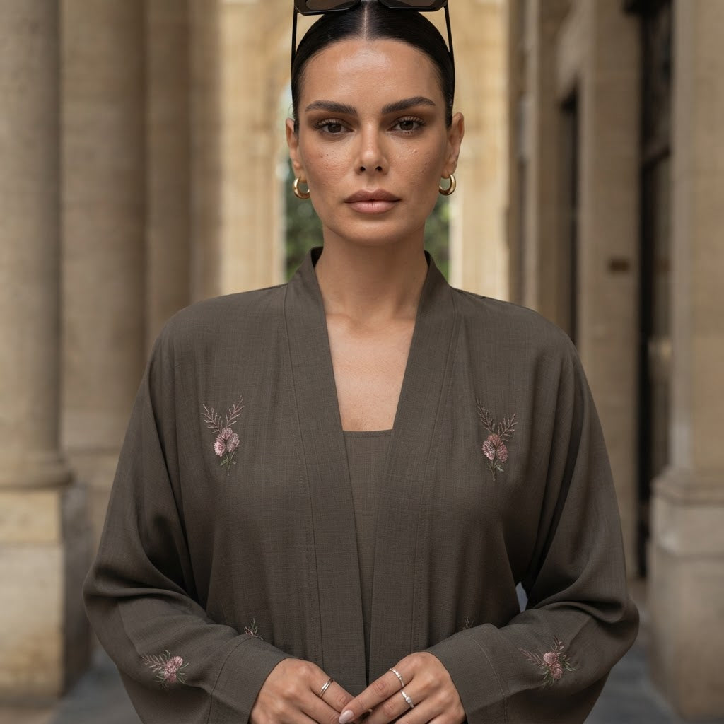 represent Olive Brown Embroidered Open-Front Abaya with Wide