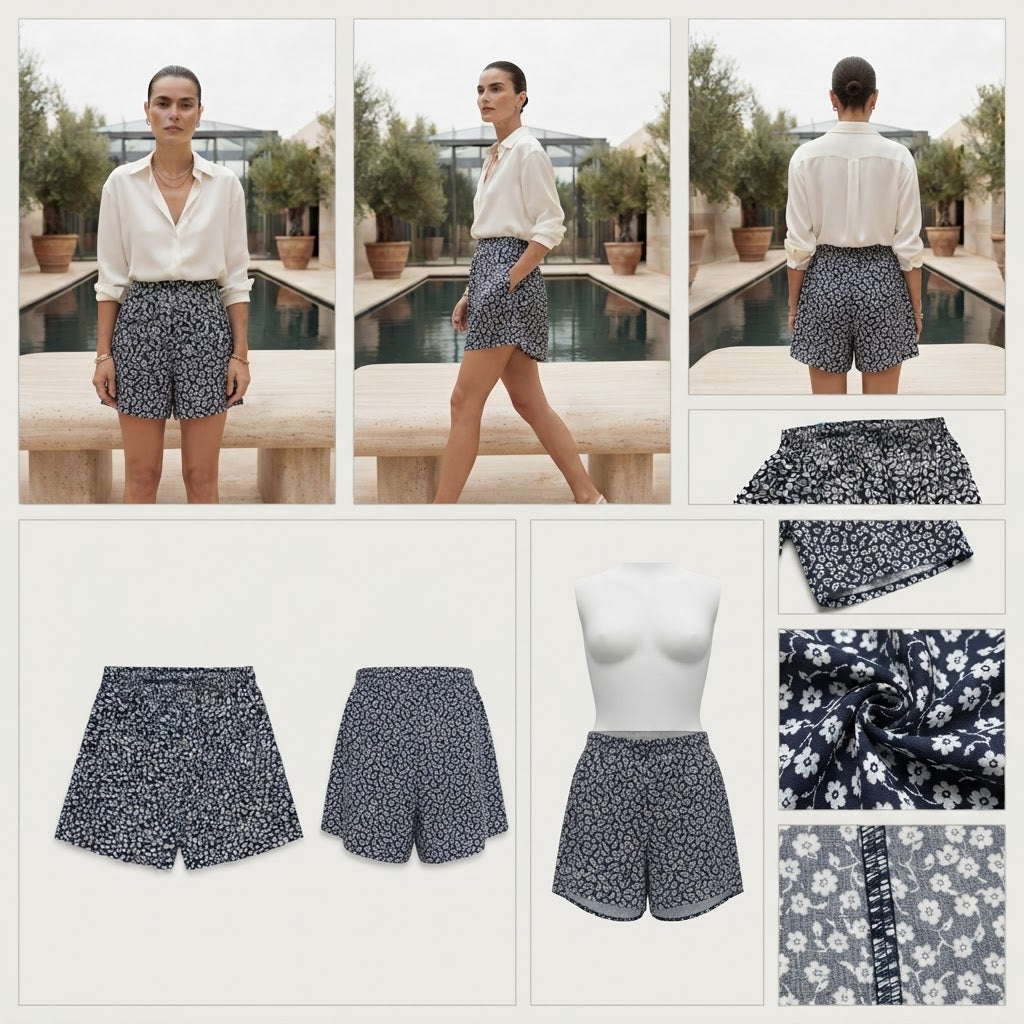 Navy Blue Floral Ditsy Mini Skirt with Elastic Waist