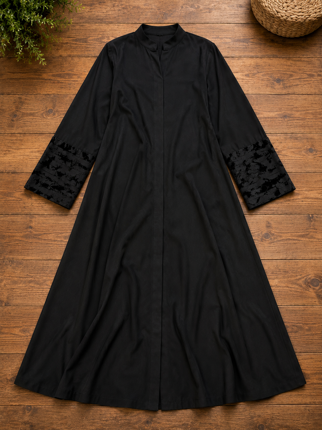 Women's Black Modest Abaya with Velvet Floral Cuffs