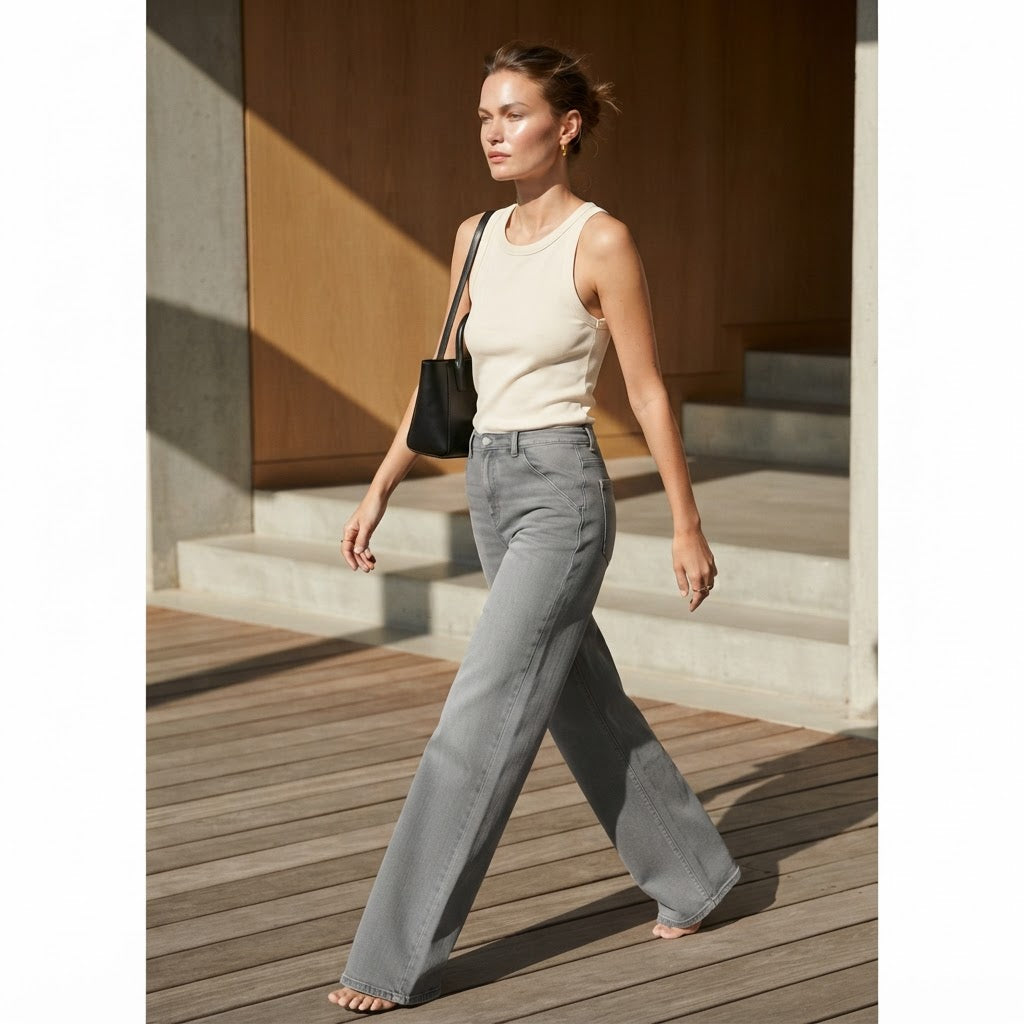 Mango Medium Grey Wide Leg Jeans with Curved Waistband