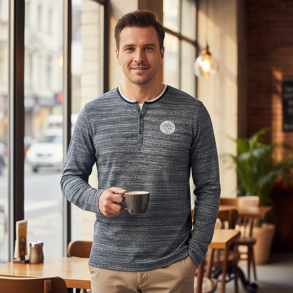 Livergy Men's Mottled Blue Henley Long Sleeve Shirt