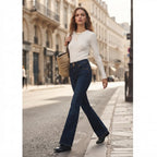 Bershka Dark Indigo Double-Button High-Rise Slim Flare Jeans