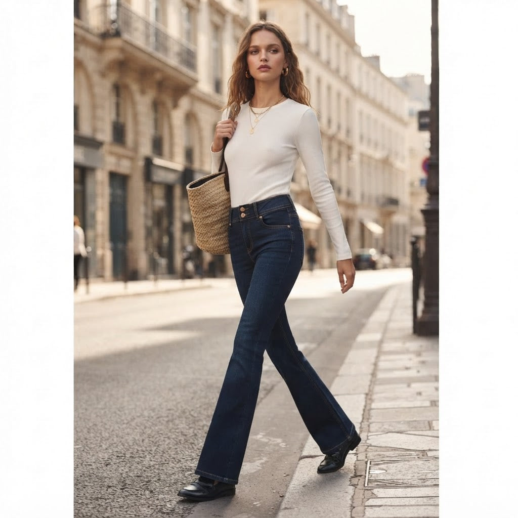 Bershka Dark Indigo Double-Button High-Rise Slim Flare Jeans