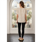 Women's Beige Sequin Embellished Linen V-Neck Top