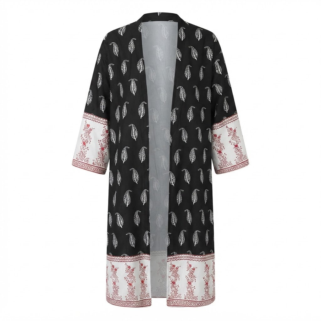 SHEIN Women's Black & black Leaf Print Open-Front Kimono Abaya