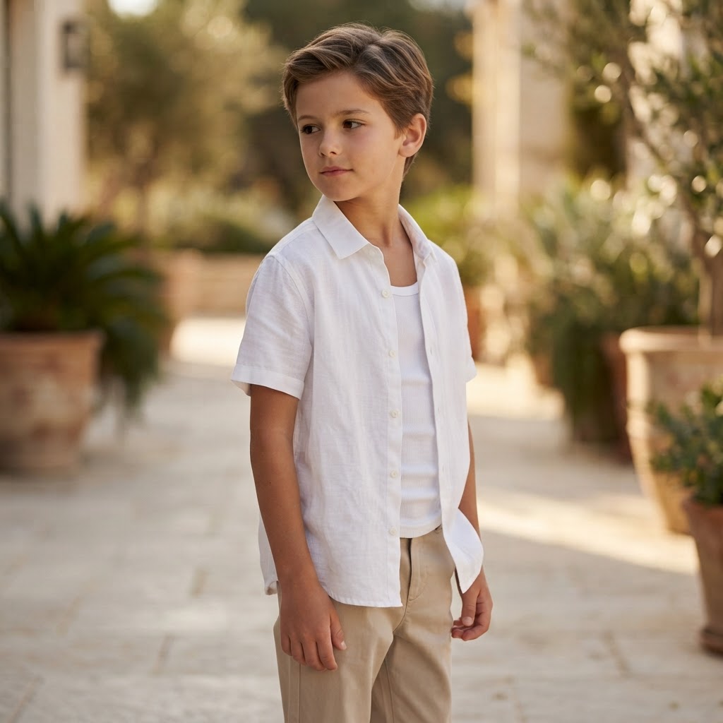 SHEIN Boys White Short Sleeve Linen Blend Button Down Shirt