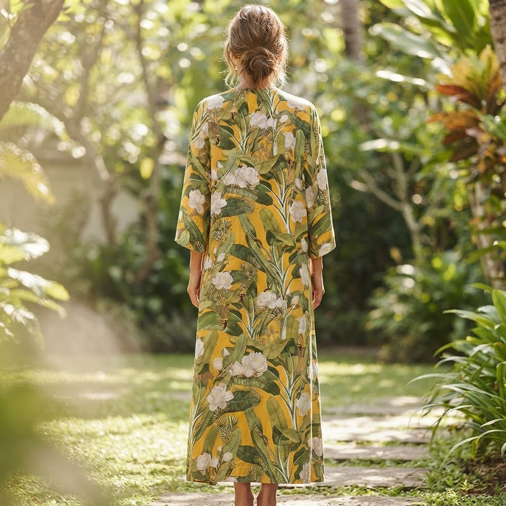 SHEIN Women's Yellow Tropical Floral Long Robe Kimono Abaya