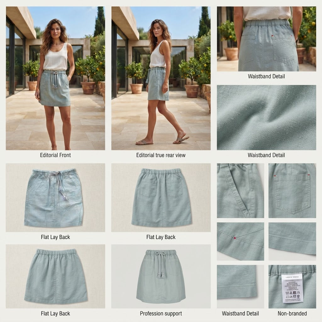 Sage Green Linen Blend Drawstring Mini Skirt