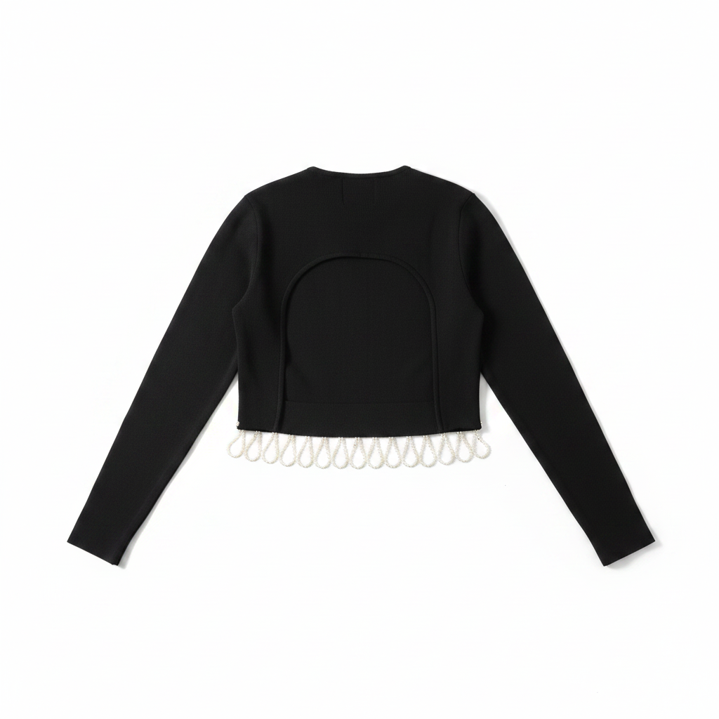 Bershka Black Rhinestone Fringe Cropped Long Sleeve Top
