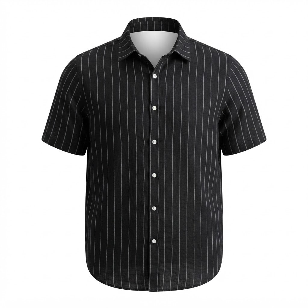 SHEIN LEISURE Women's Black Striped Short Sleeve Button-Down