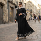 gant Black Embroidered Floral Lace-Trim Floor-Length Abaya