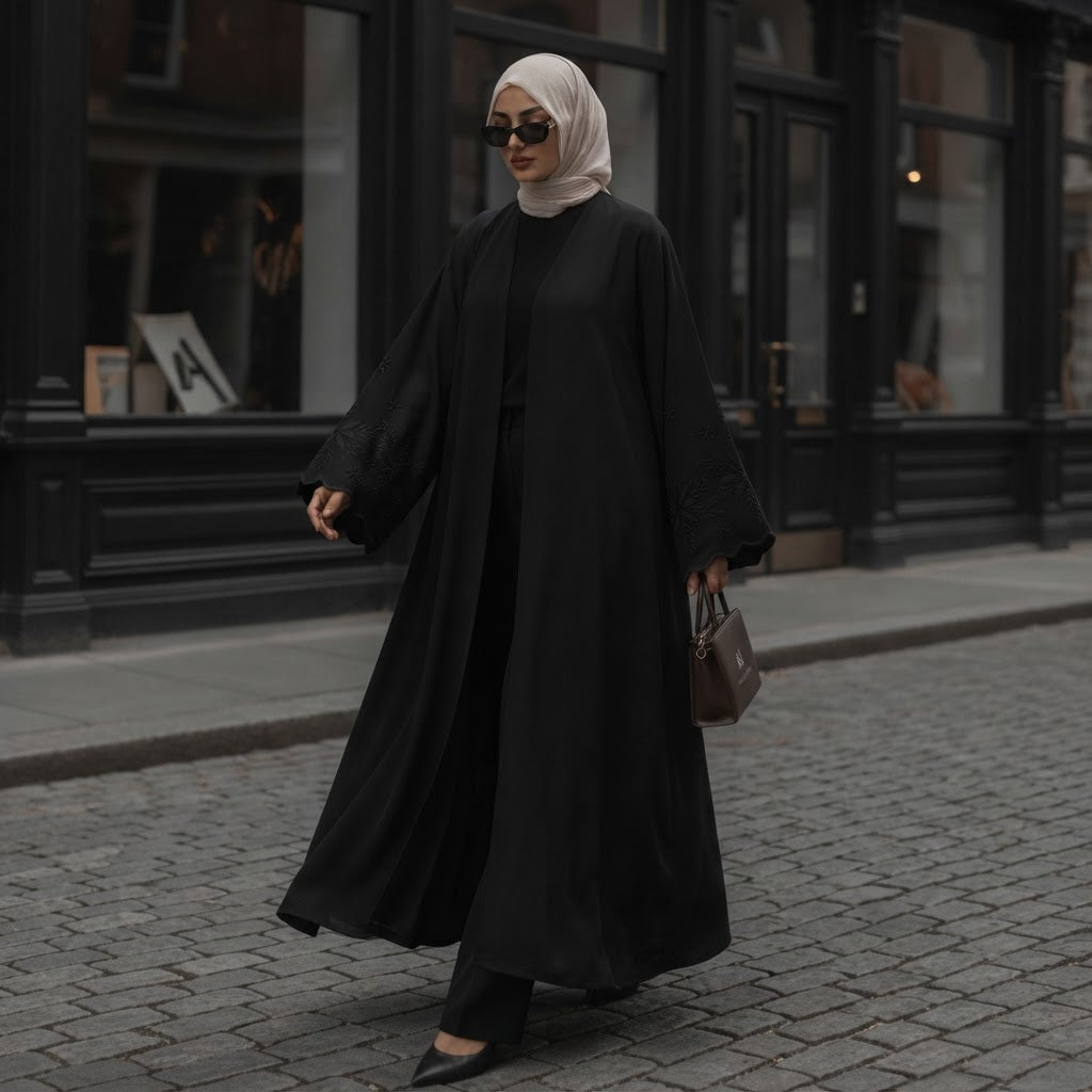 Private Black Embroidered Open-Front Abaya with Scalloped Sl