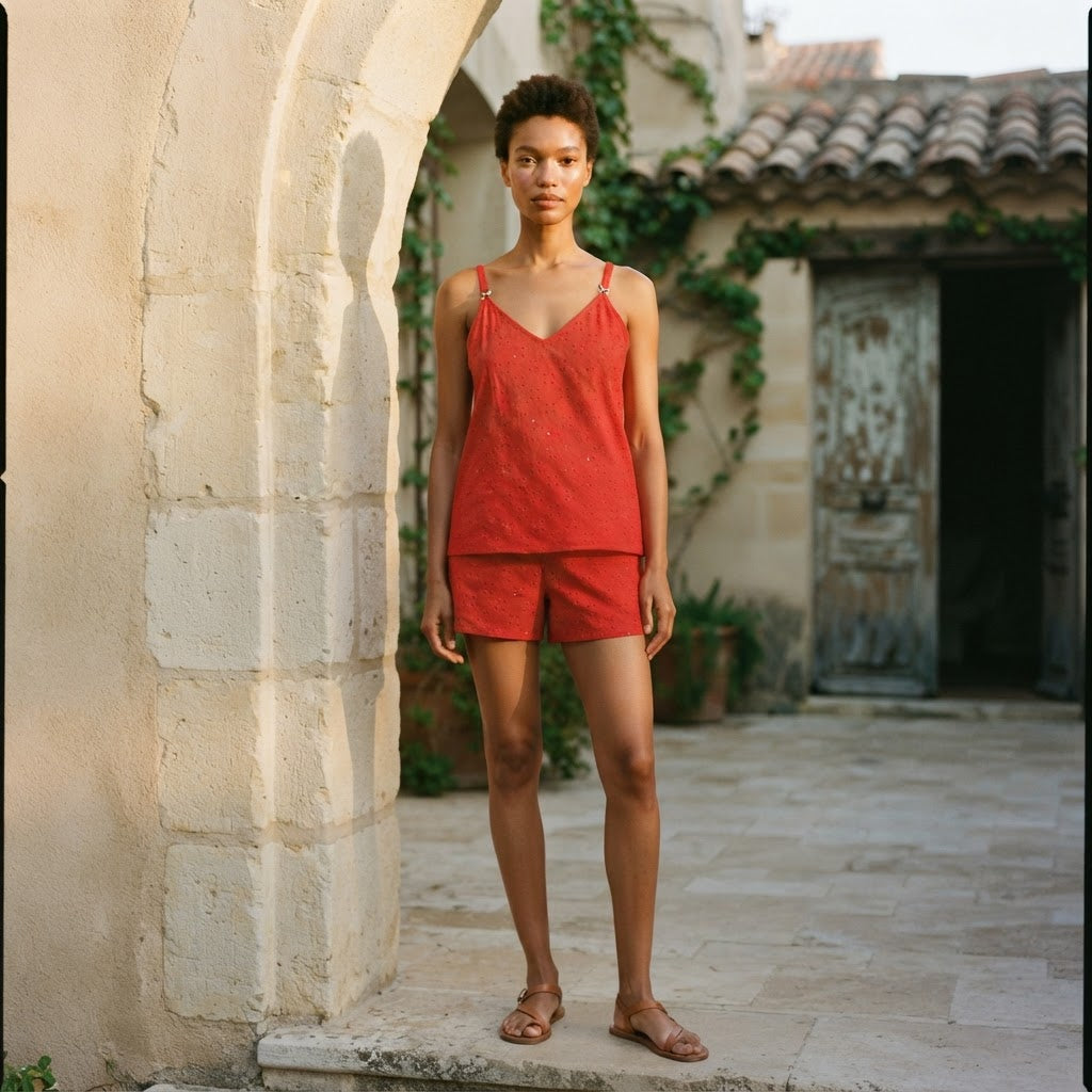 Women's Red Cotton Eyelet Cami Dress