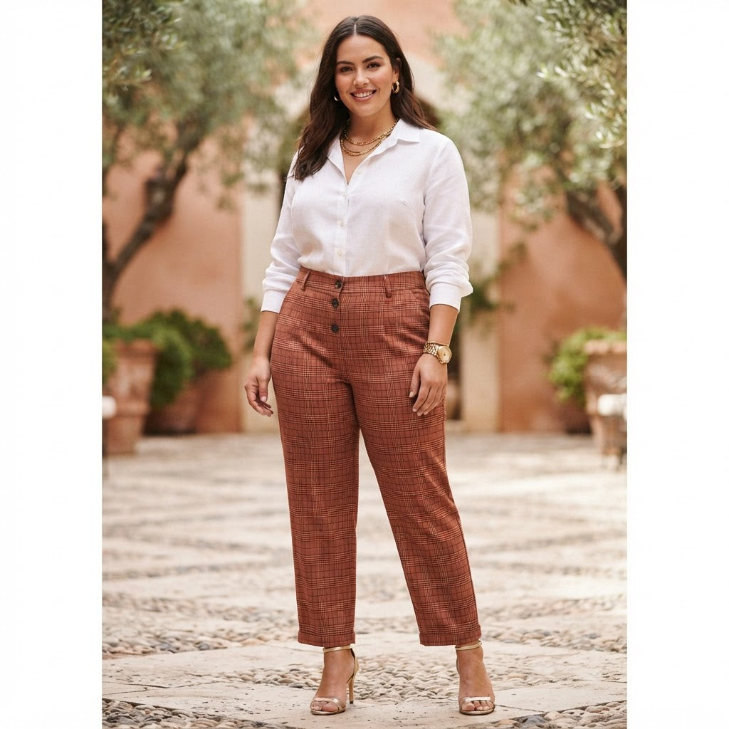 SHEIN Women's Rust Plaid High Waisted Button Fly Trousers