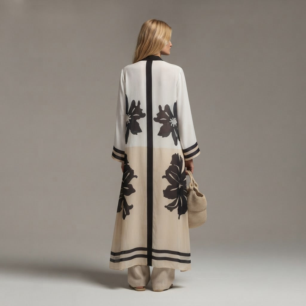 JOMANA White and Navy Floral Graphic Long Sleeve Tunic Dress