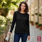 Women's Black Cotton Long Sleeve Crew Neck Top
