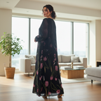 S D N L I N E Women's Black Floral Open-Front Long Abaya