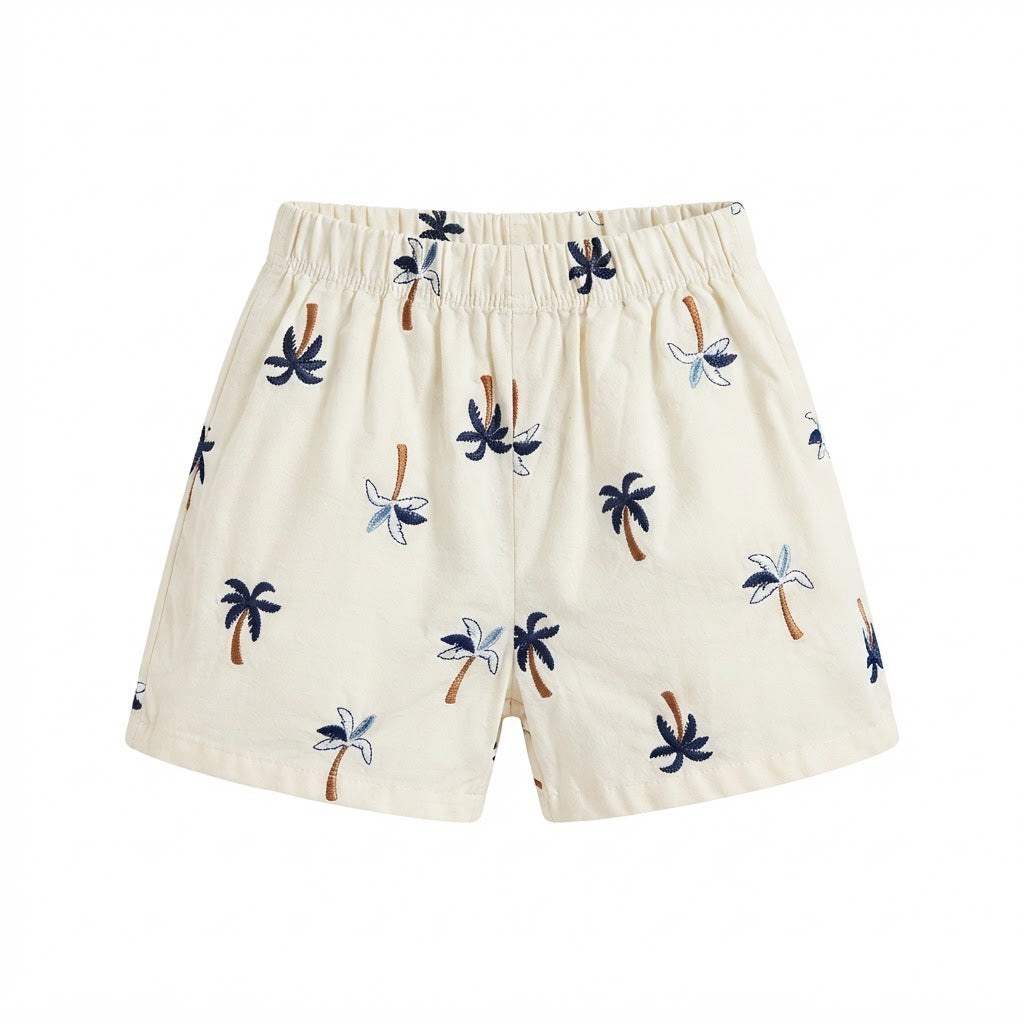 SHEIN Cream Palm Tree Embroidered Pull-On Kids' Shorts