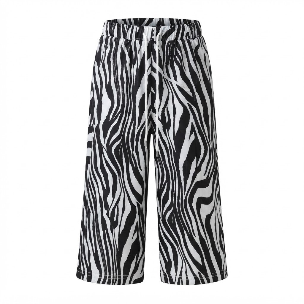 Black and White Zebra Print Wide-Leg Cropped Trousers