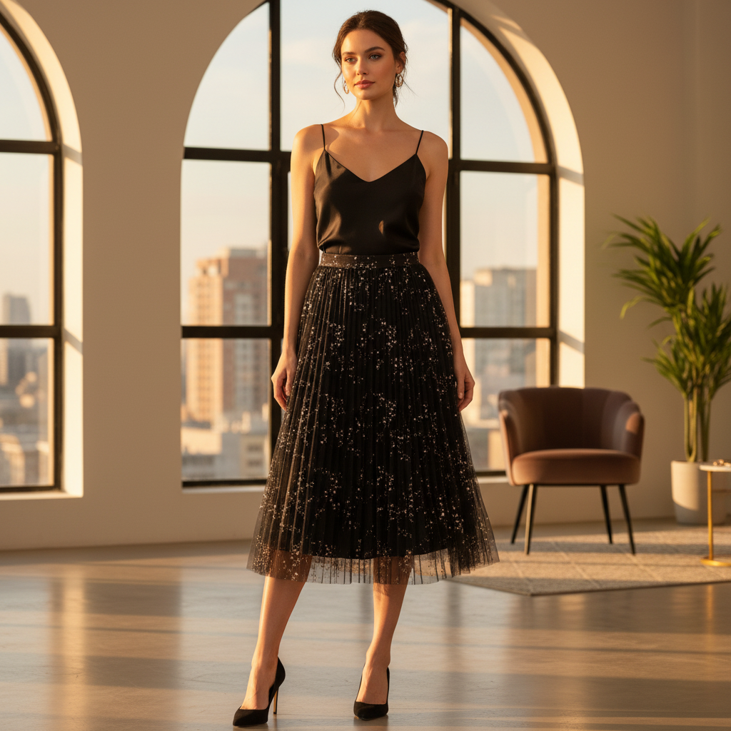 femi9 Women's Black Metallic Floral Pleated Tulle Skirt
