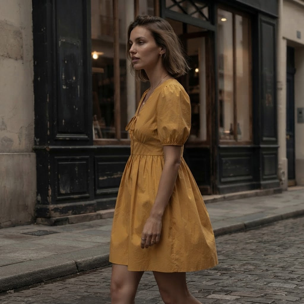 SHEIN Mustard Yellow Lace-Up Mini Baby-Doll Dress