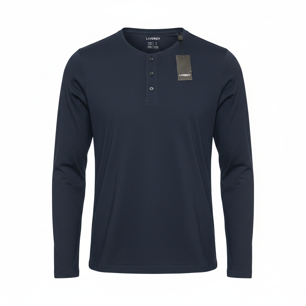 Livergy Men's Navy Blue Long Sleeve Henley Shirt - XL