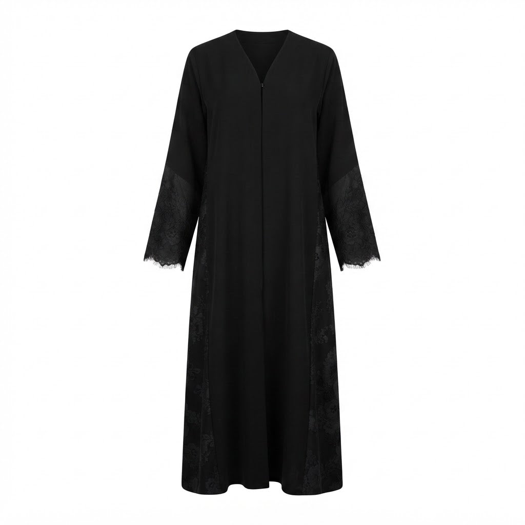 Black Open-Front Abaya with Floral Lace Cuffs and