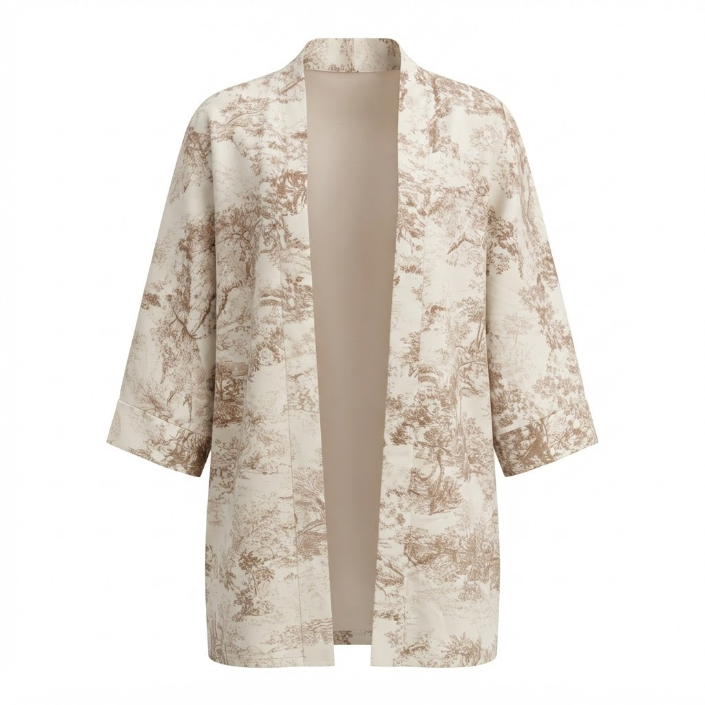 Women's White and white Toile Print Kimono Abaya Robe