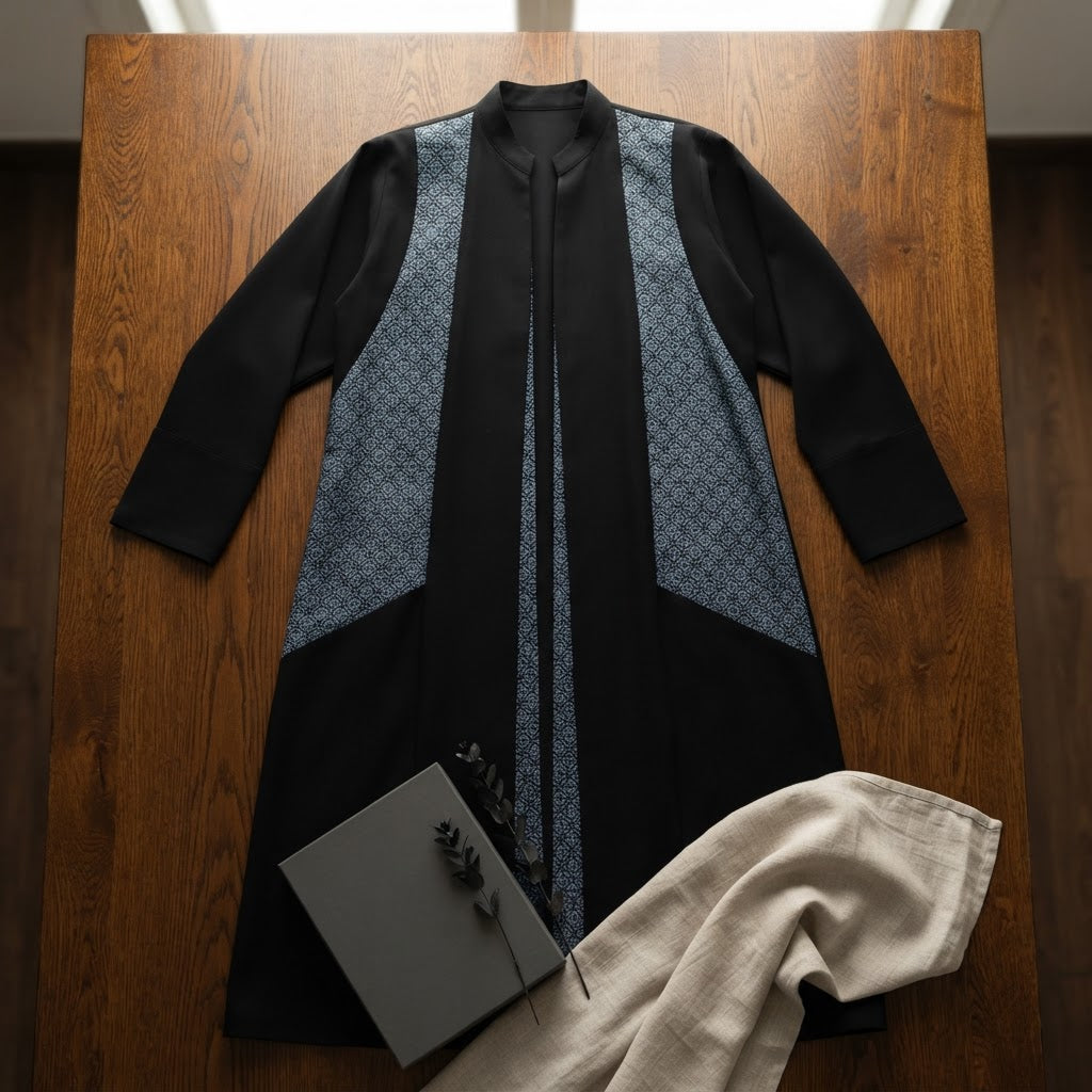 Black Open-Front Bisht Robe with Blue Jacquard Panels