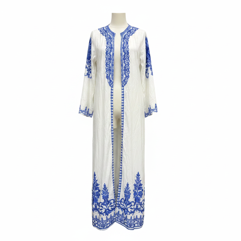 SHEIN Women's White and Blue Patterned Maxi Kimono Robe