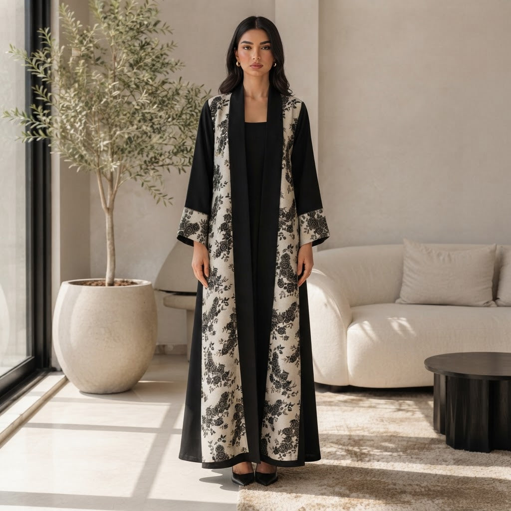 UNIQUE ABAYA Unique Abaya Black & Gold Floral Jacquard Open-